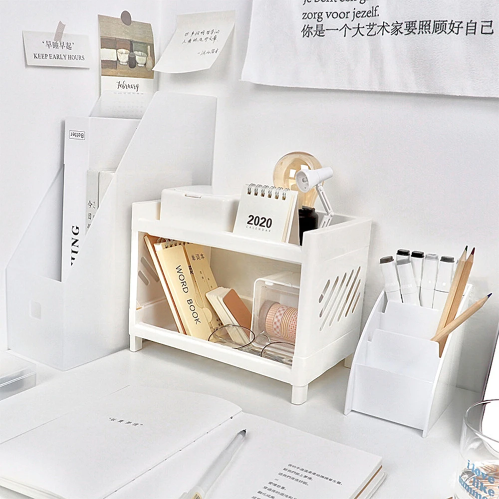 Creative Double-layer Desk Organizer Rack Stationary Container Sundries Stand Pen Holder Cosmetic Storage Office School Supplies