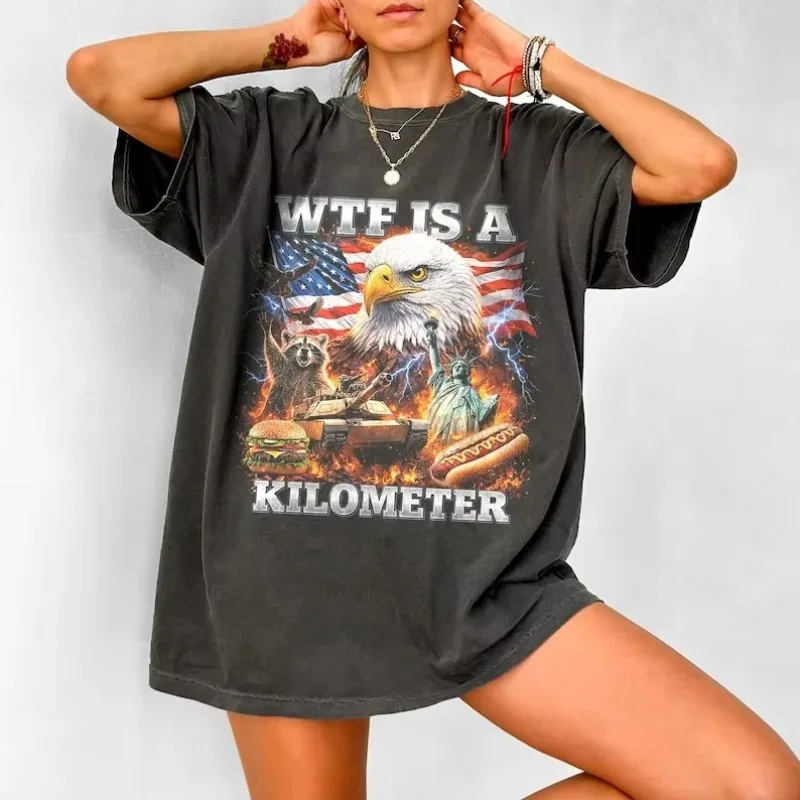 WTF Is A Fun Patriotic American Eagle Pattern T-shirt with A Kilometer Shirt, Suitable for Both Men and Women All Year Round