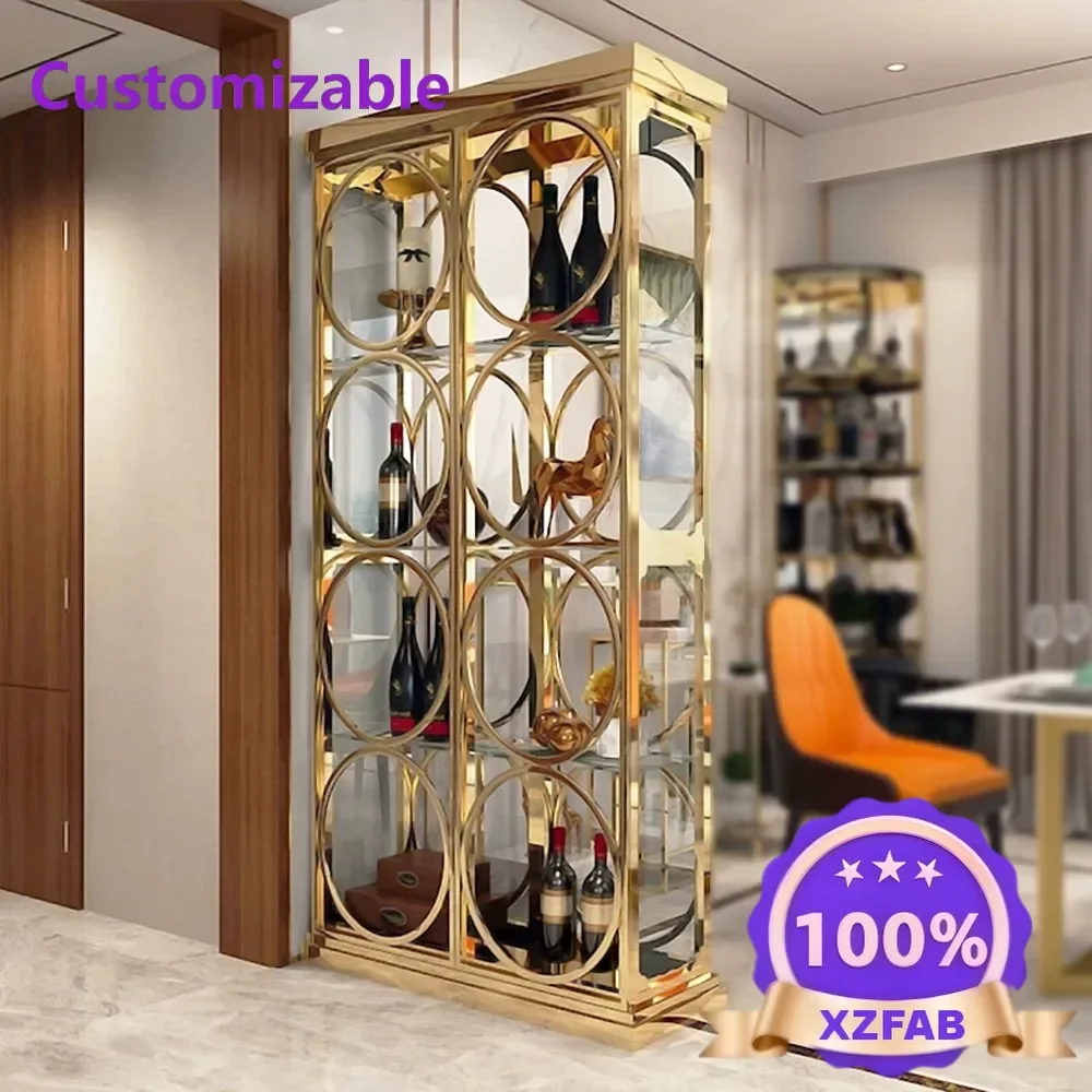 Factory Direct 2026 Luxury Hotel Wine Cabinet Gold Shelf Freestanding Installation Glass Wine Cellar Wine Cabinet