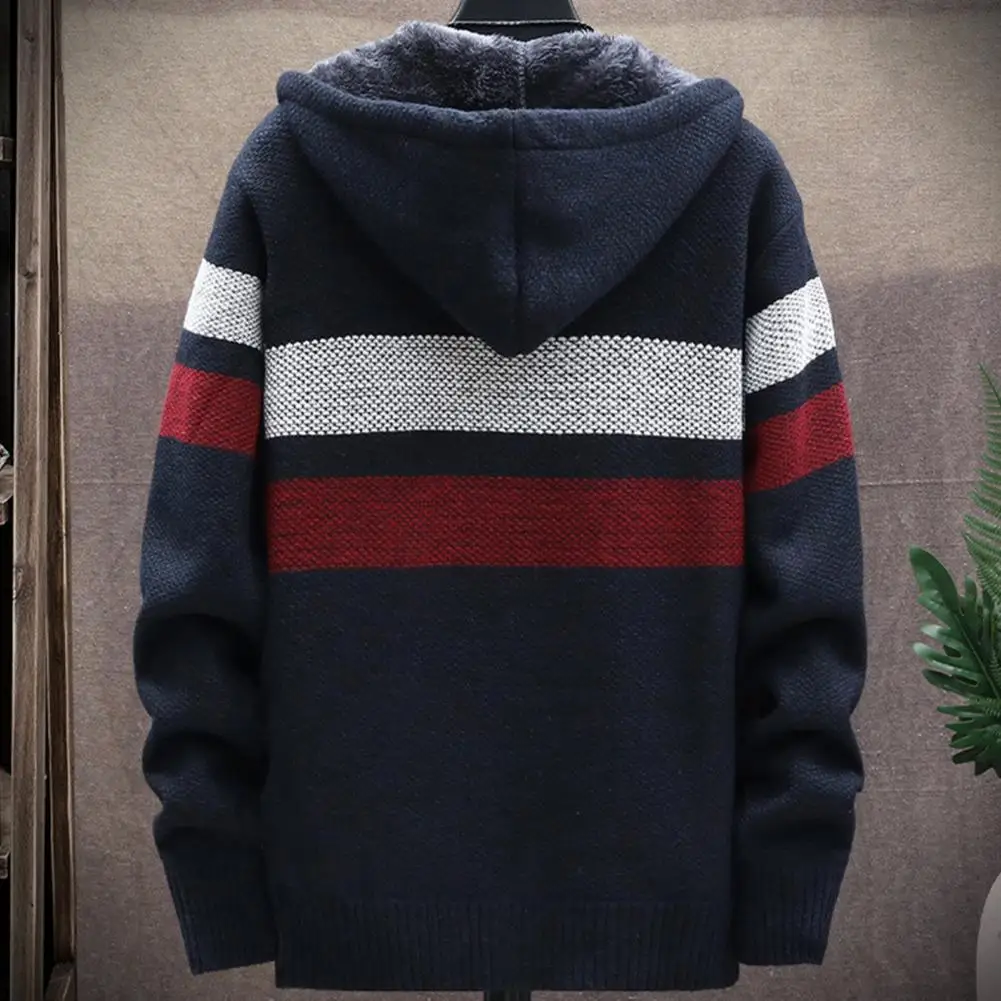 Winter Men Sweater Hooded Add Velvet Cardigan Patchwork Color Stand Collar Male Casual Zipper Knitted Thick Warm Sweatercoat