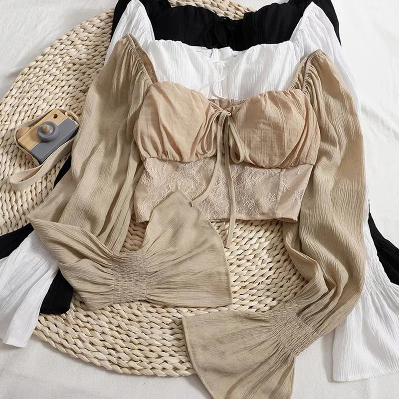 Tops cortos coreanos de manga larga para mujer, blusa transparente con lazo de retazos de Color sólido, camisas informales de estilo dulce