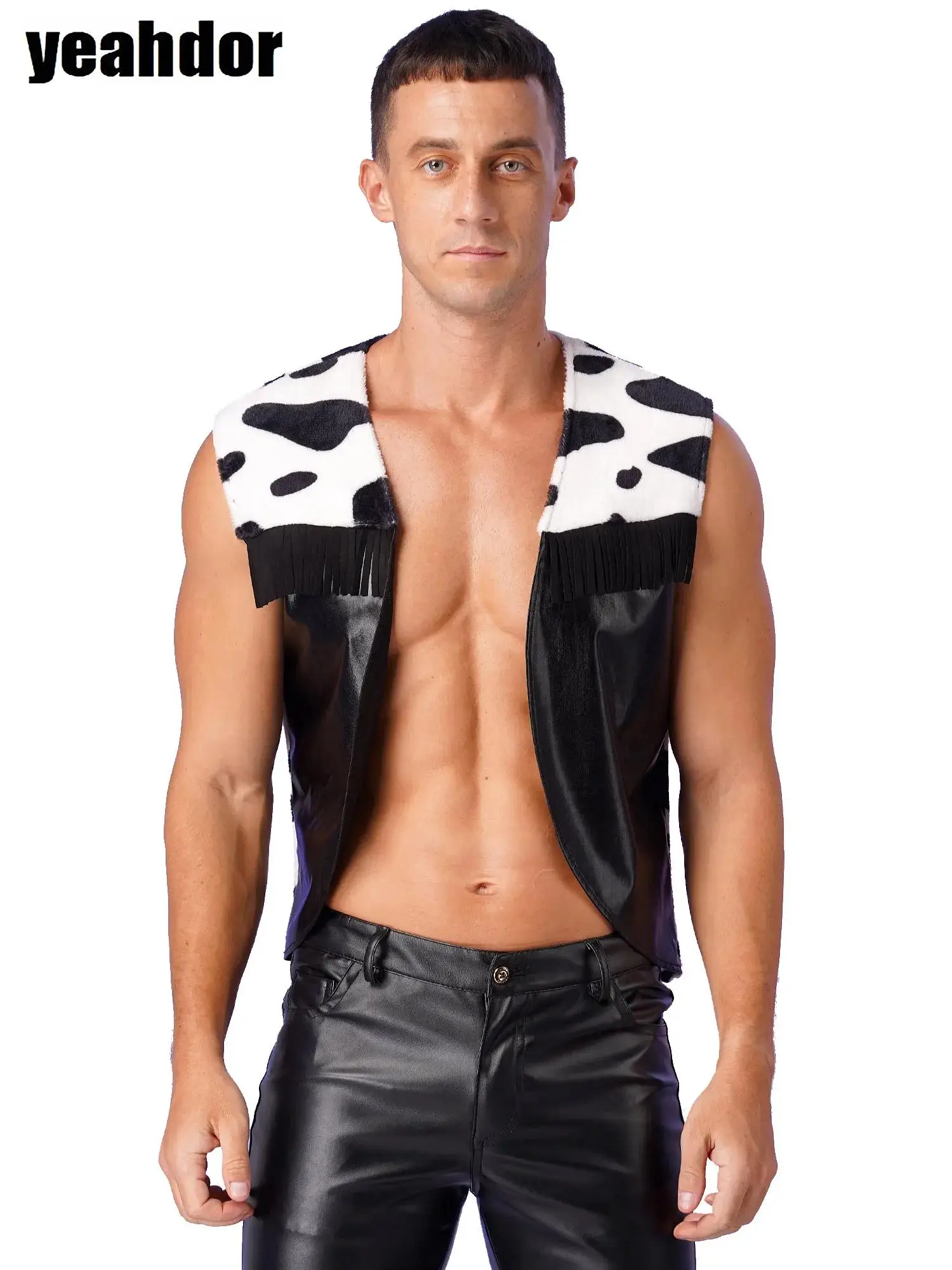 

Men Western Cowboy Costume Tassel Open Front Tank Top Cowboy Vest Hollow Out Cowboy Chaps Long Pants Cow Spot Flannel Outfits