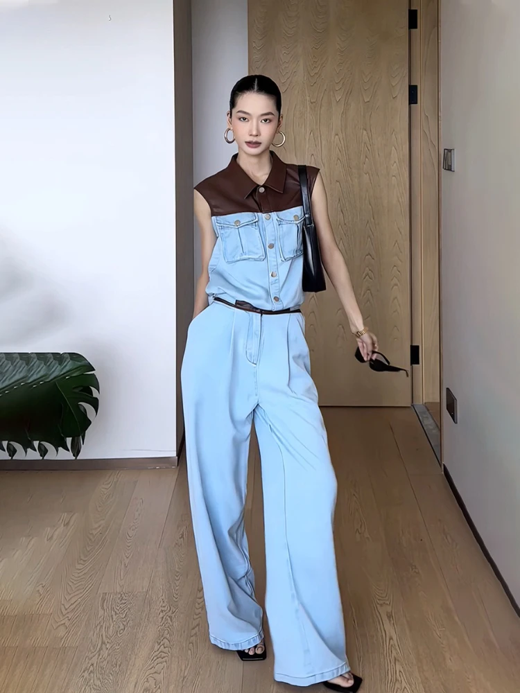 

Summer New Retro Thin Splicing Leather Cowboy Top+Wide Leg Pants Fashionable Color Contrasting Temperament Two Piece Set
