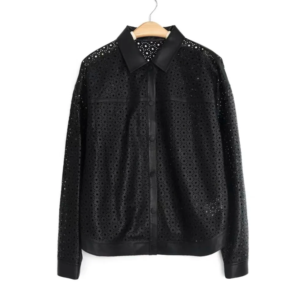 Genuine Sheepskin Leather Jacket Women Autumn Retro Style Perforated Hollow Out Casual Shirt Coat