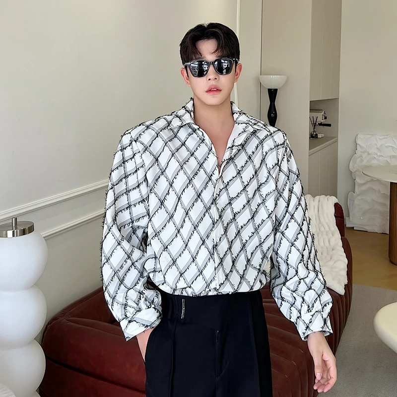 

Spring Autumn Plaid Splicing Little Fraance Sle irt Jaet Men's Design Loose Casual irt Youth ular Long Sve