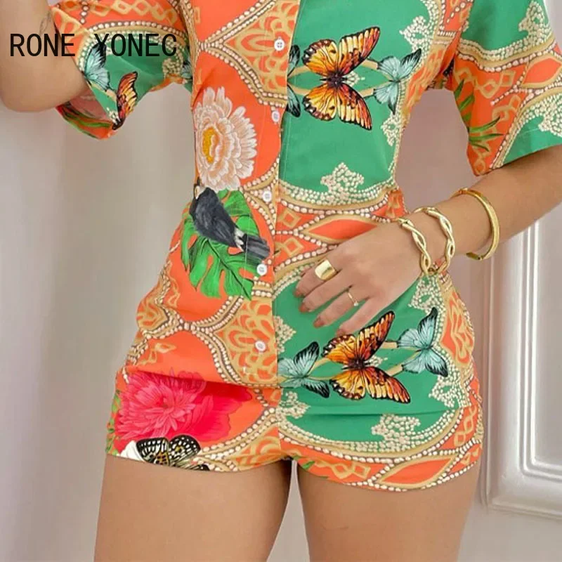 Women Casual shirt Collar Butterfly Pattern Graphic Short Sleeves button Sweet Rompers