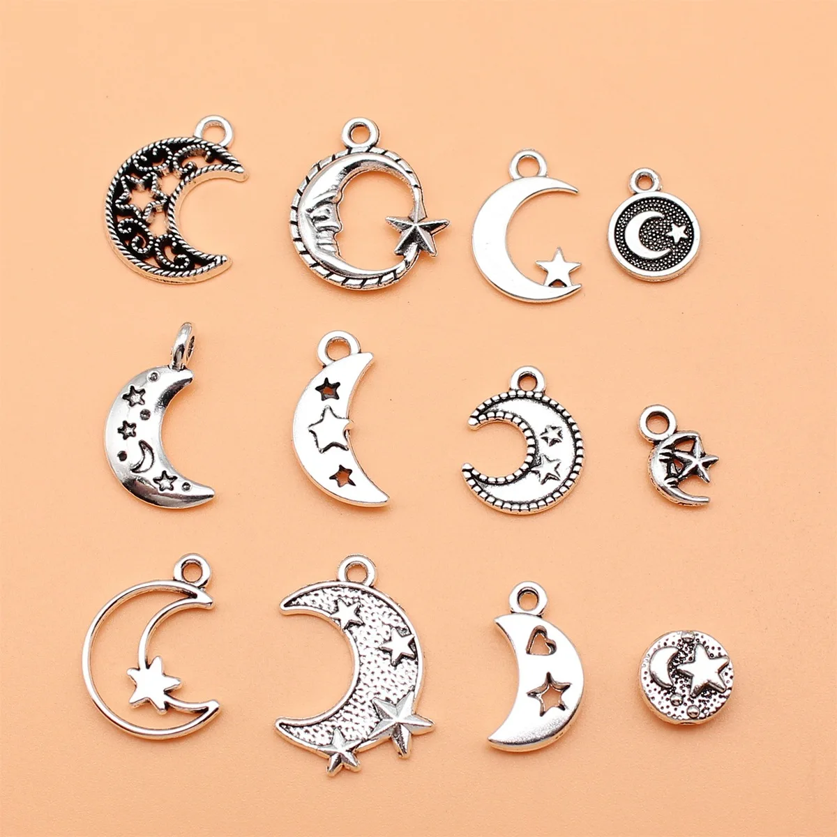 12pcs Antique Silver Color Moon Stars Charms Collection For DIY Jewelry Making, 12 Styles, 1 of Each