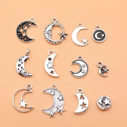 12pcs Antique Silver Color Moon Stars Charms Collection For DIY Jewelry Making, 12 Styles, 1 of Each