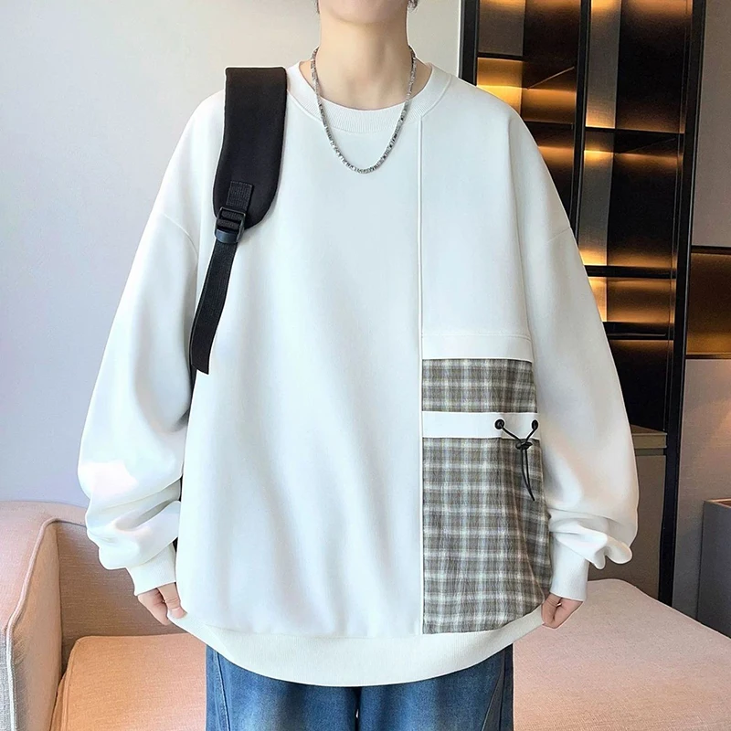 Men Crewneck Sweatshirt Spring Autumn New Casual Structure Top Plaid Patch Drawstring Pocket Loose Long Sleeve Pullover T Shirt