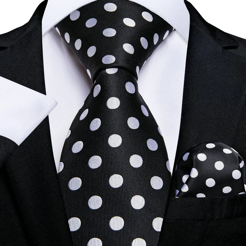 VerveRow Men Black White Polka Dot Necktie and Pocket Square Set, Classic Pattern Tie Formal Suit Wedding Accessory