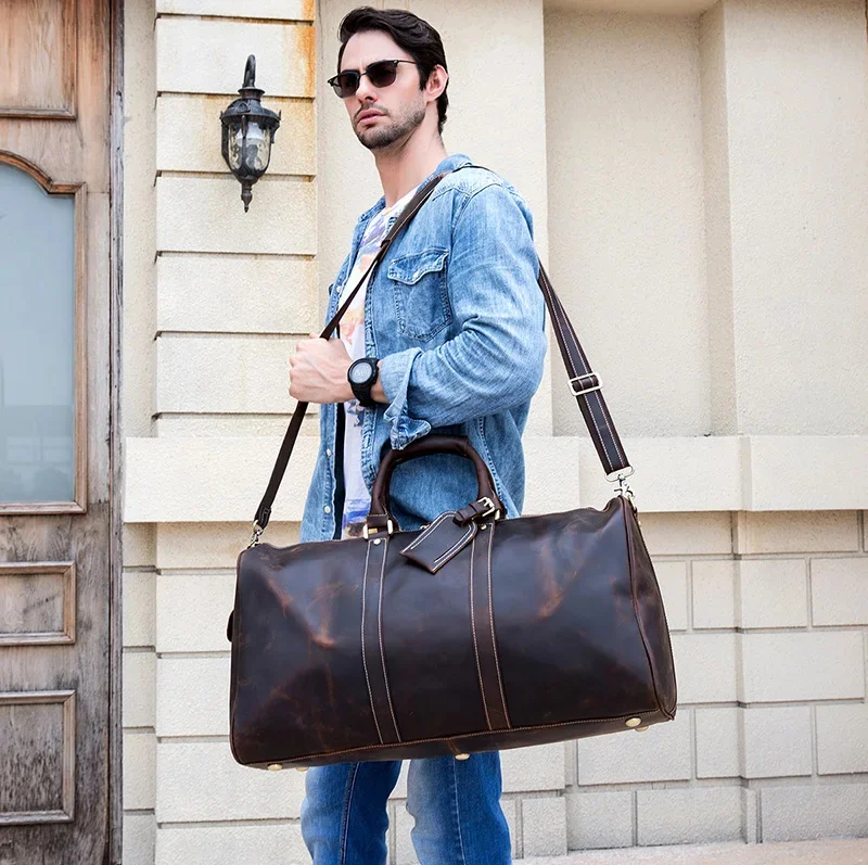 Mala de couro genuíno para homens, bolsa vintage, grande fim de semana, duffle de pele de vaca masculina, bolsa de mão grande 60cm