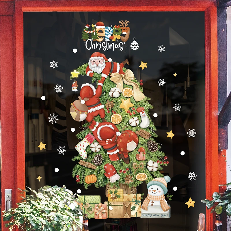 Christmas Window Sticker Cartoon Santa Claus Xmas Tree Shop Glass Stickers Kids Room Wall Decal New Year Navidad DIY Party Decor