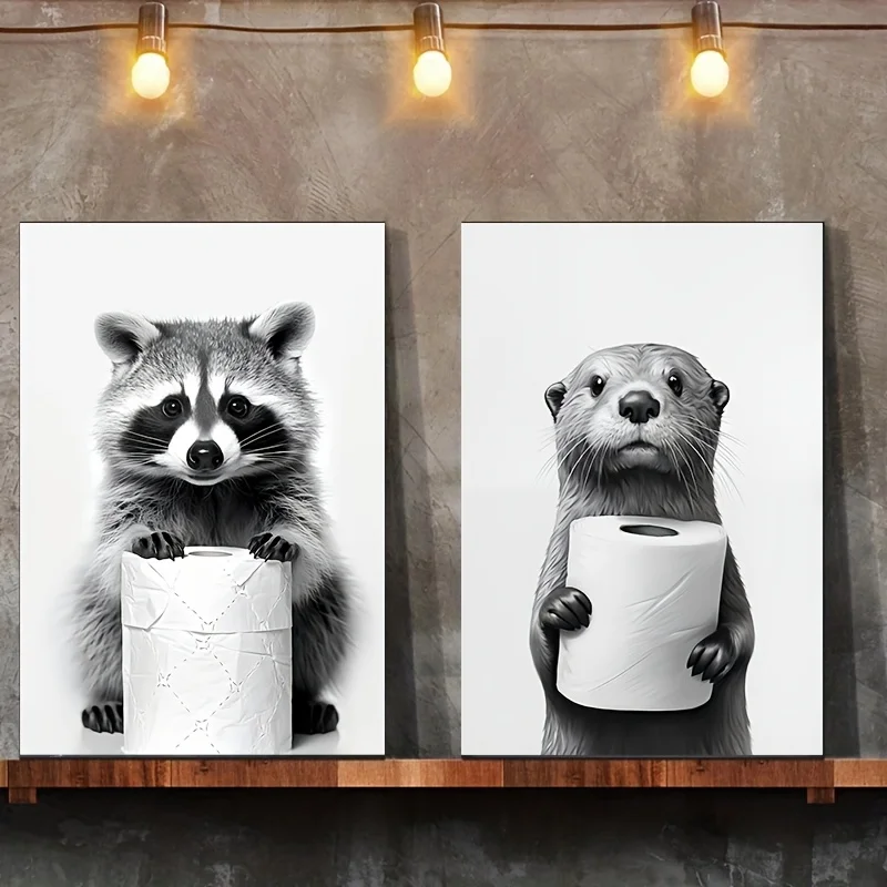 Charming Otter & Raccoon Duo - 2pcs Black and White Canvas Art Set, Wall Decor for Living Room, Bedroom, Office, Room Decor
