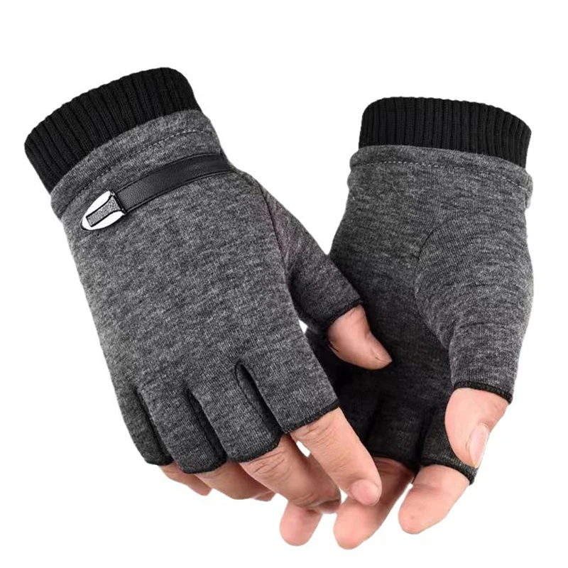 Guantes de medio dedo forrados de lana para hombres, conducción al aire libre, equitación, mitones sin dedos cálidos, Punk, Hip Hop, Otoño e Invierno