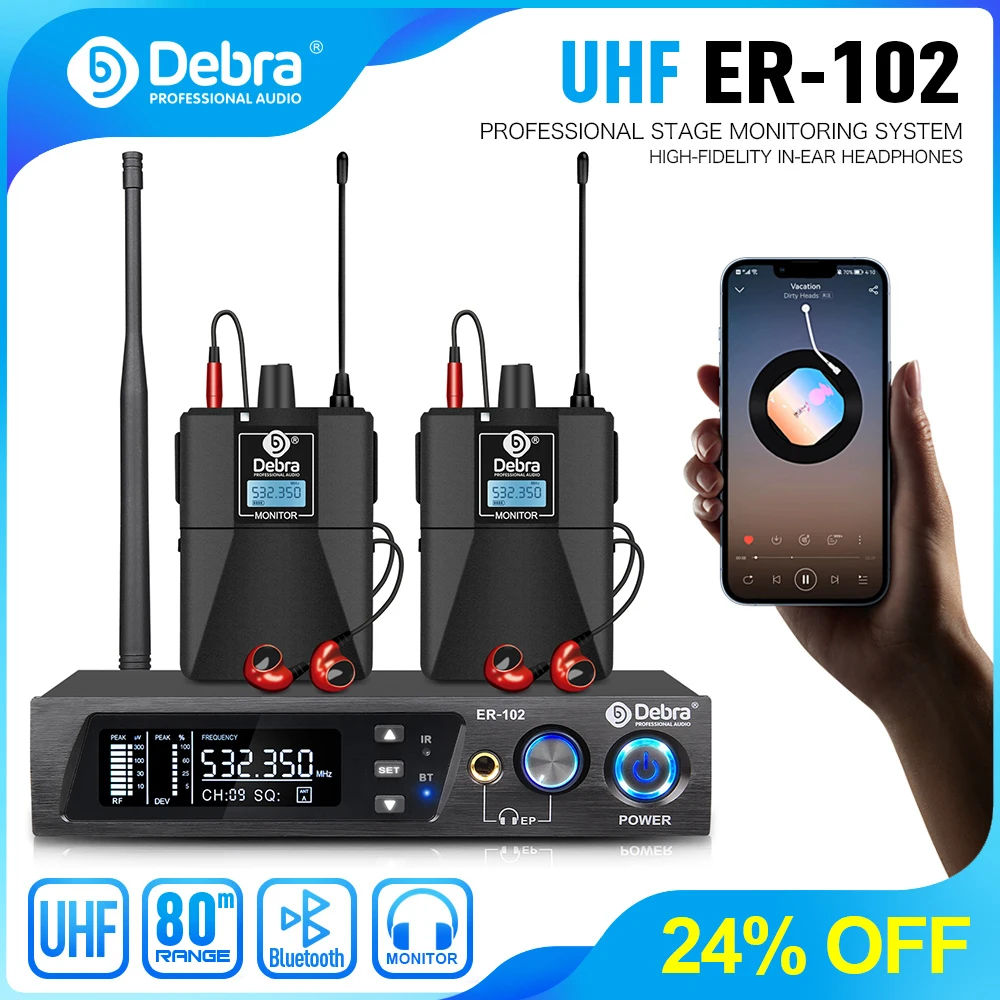 Debra ER-102 UHF Wireless In-Ear Monitoring System with bluetooth5.0 for Stage Performance,Recording,Band,Drummer,Church speech