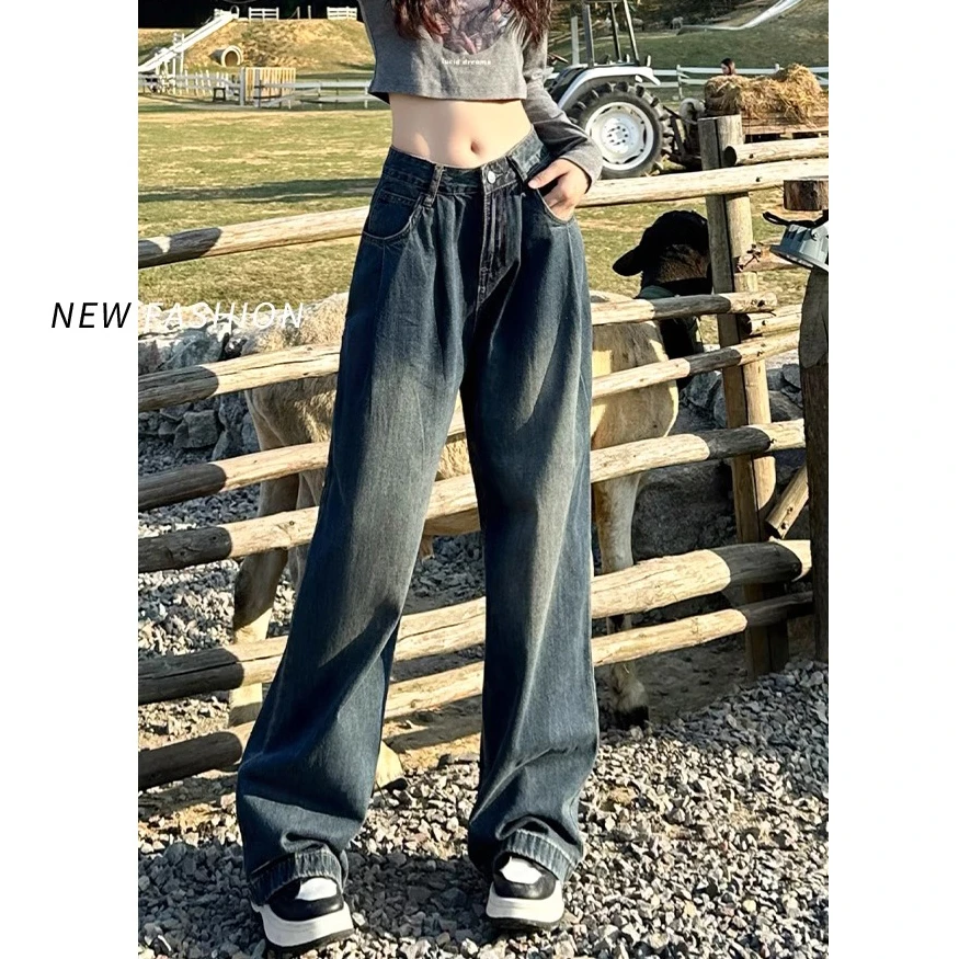 

Korean version of the folded wide-leg jeans female 2024 new American retro high-waisted thin loose straight trousers