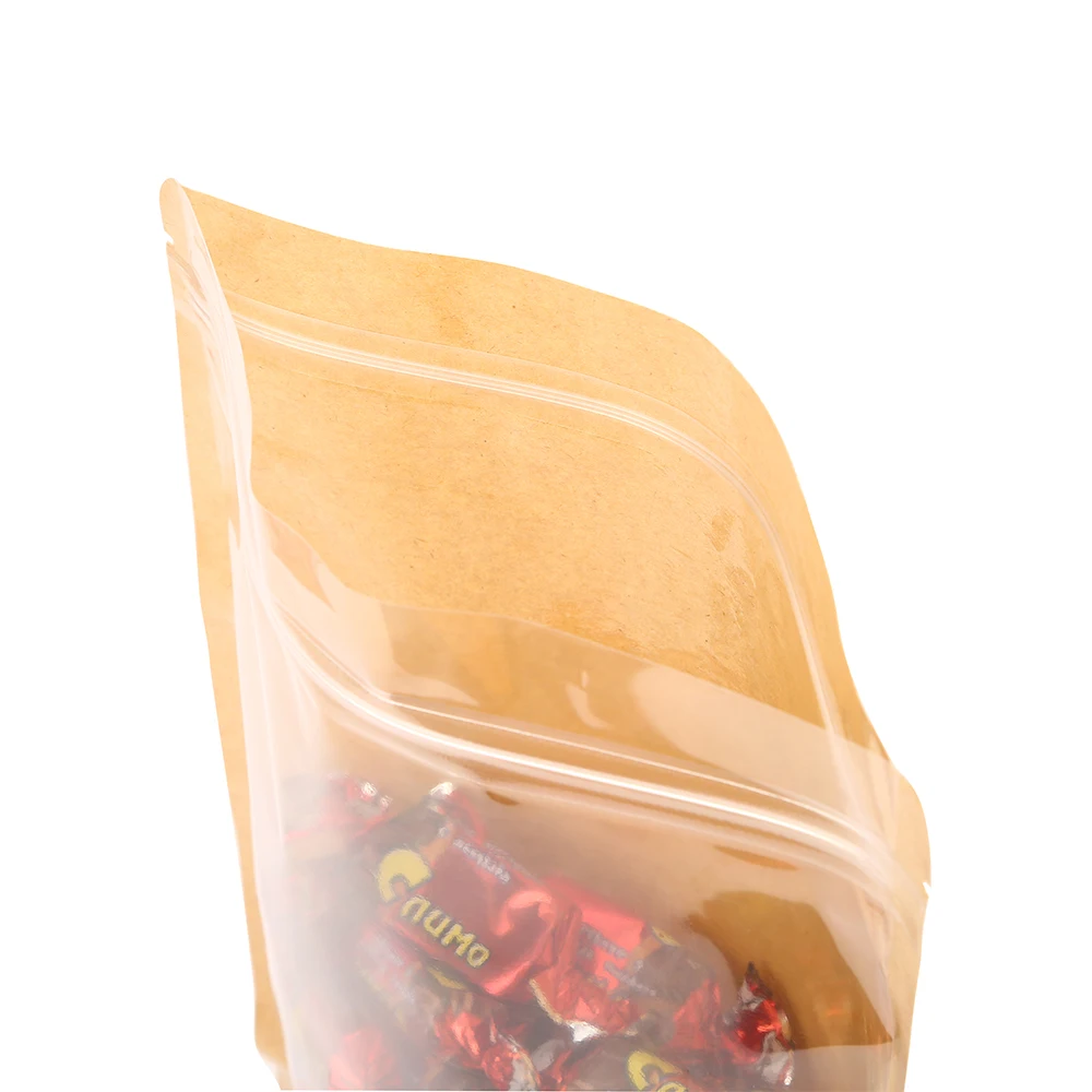 100pcs Re-closable Standing Up Kraft Paper Zip Lock Bags with Clear Front - Zipper Self Sealing Food Grade Snacks Packing Pouch