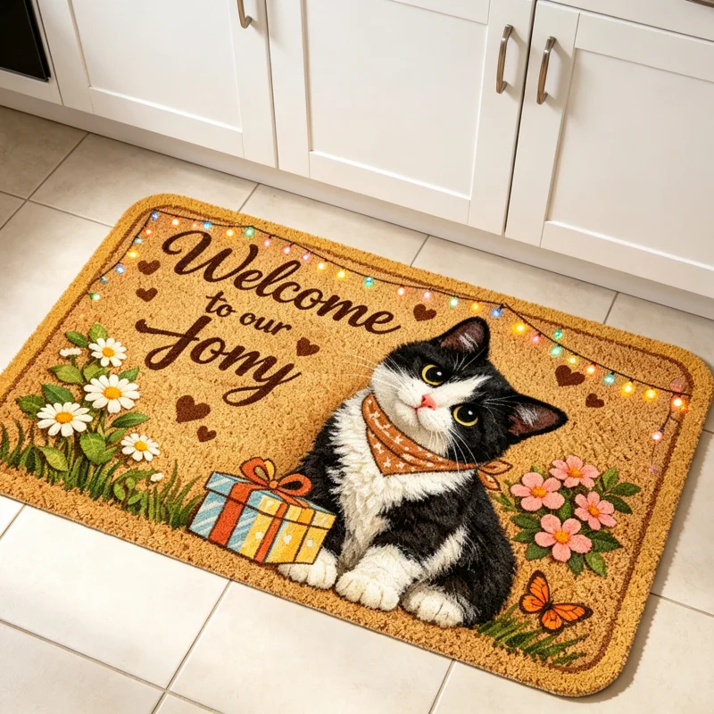 Imitation Coir Welcome Doormat Cute Tuxedo Cat Bandana Gift Box Daisy Floral Butterfly String Heart Print Sweet Home Floor Mat