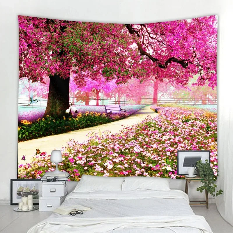 Pink flower pattern tapestry cherry blossom print hanging cloth home decoration house bedroom living room wall background cloth