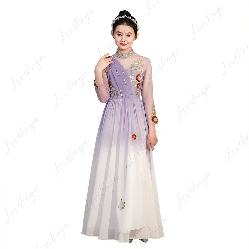 

Детское фиолетовое платье для выступлений Guzheng, вечерние платья для девочек и мальчиков для официальных банкетов, хозяев и выступлений на фортепиано.