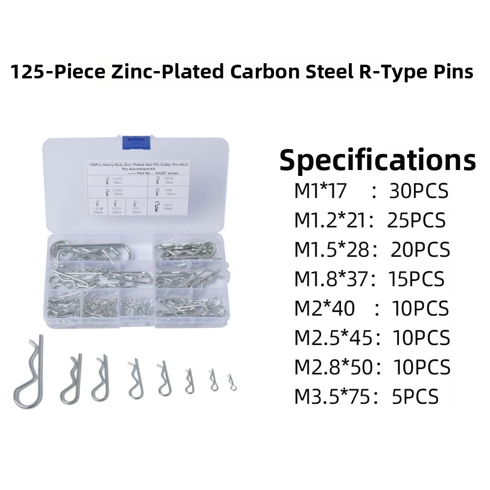 R-Shape Design Split Cotter Pins Carbon Steel Material Galvanized Finish Hitch Pin Clips Plastic Box Storage Retaining Pin Kit