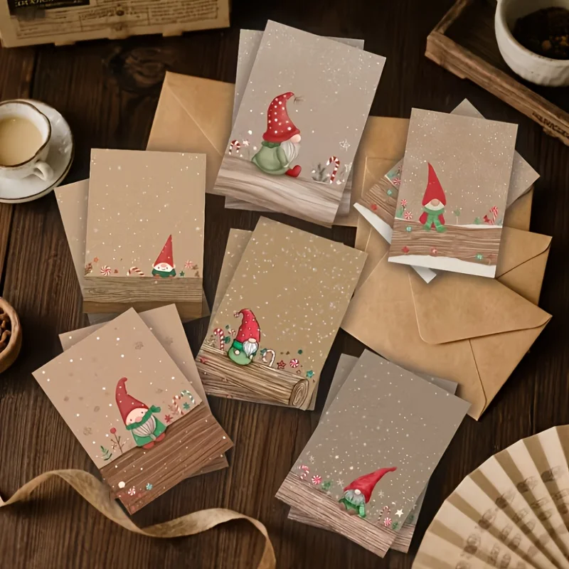 12 Christmas Card Set (With Envelopes) - Red Hat Elf Gnome, Cute Elf Snowflake Cards, Blank Message Card, Greeting Writing Paper