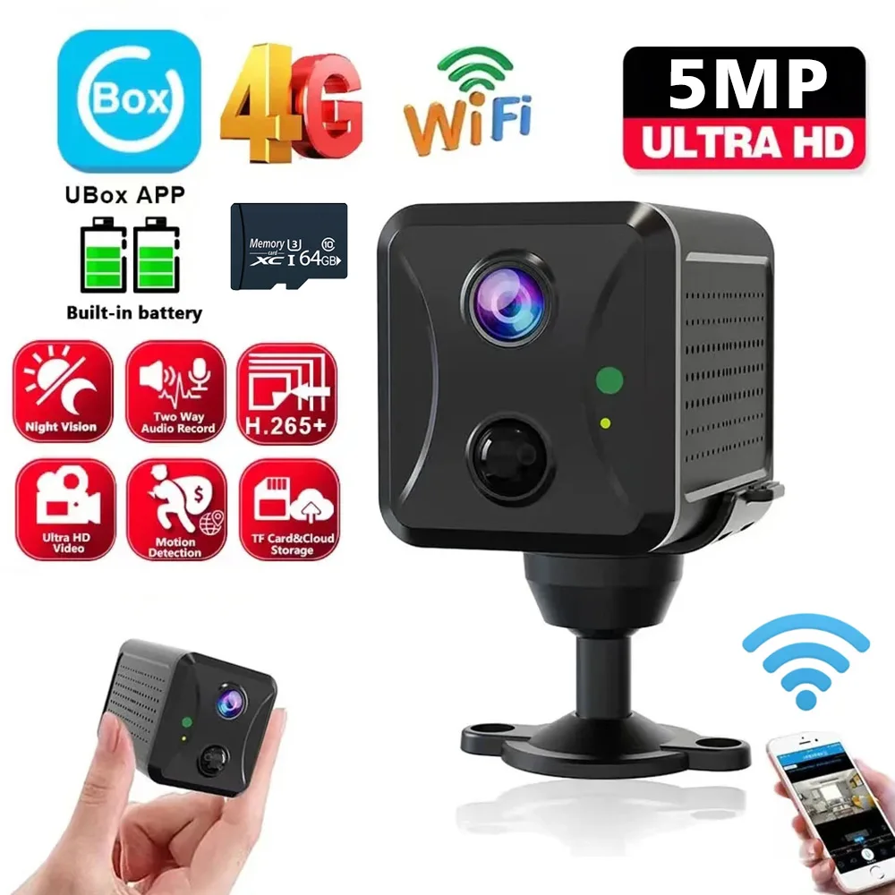 64G Mini 4G Security Camera SIM Card or Wifi 5MP Survalance IP Camera 3000 mAh Battery Low Power Voice Intercom CCTV Camera Ubox