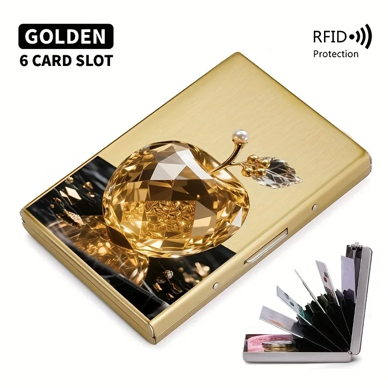 Goldener RFID-Anti-Diebstahl-Metallkartenhalter mit Apple-Muster für Männer und Frauen, Sichere und Stilvolle Kartenaufbewahrung – Detail 9