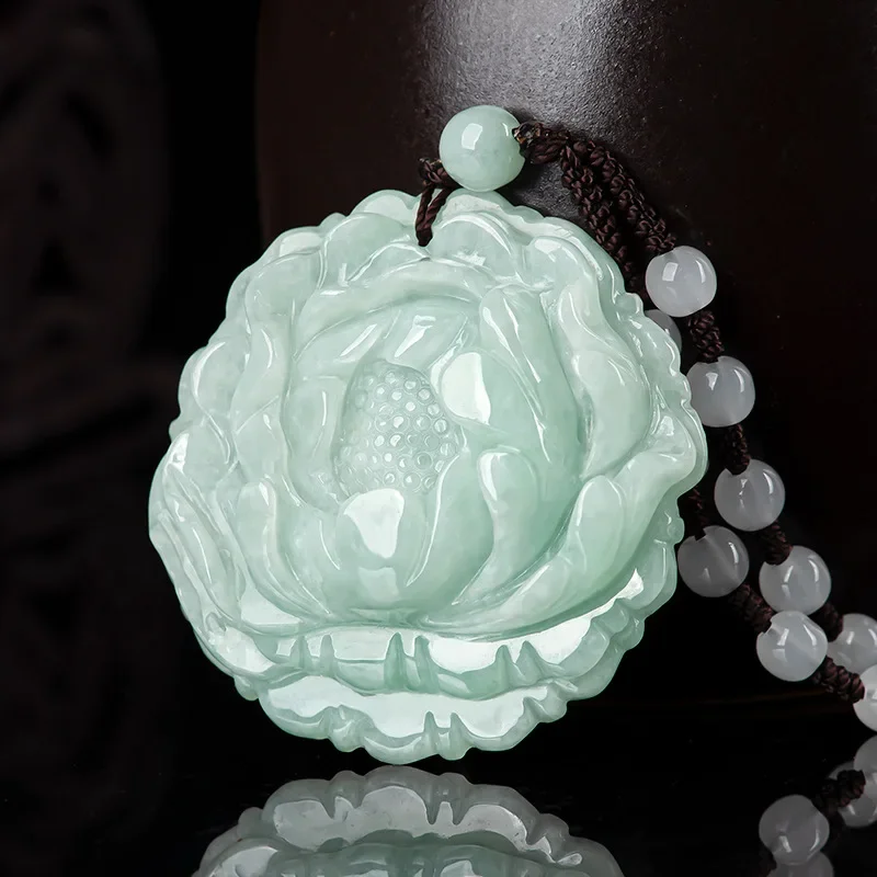 

Natural Burmese A-grade Jade Peony Flower pendant with Ice type Jadeite Charms For Men's Gifts Women's Jewelry Drop Shipping