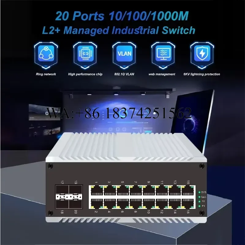 Wmwmnu 16 Port PoE Gigabit Managed Industrial Switch with 4 SFP Slots Static Routing SNMP DIN Rail Mount for Network