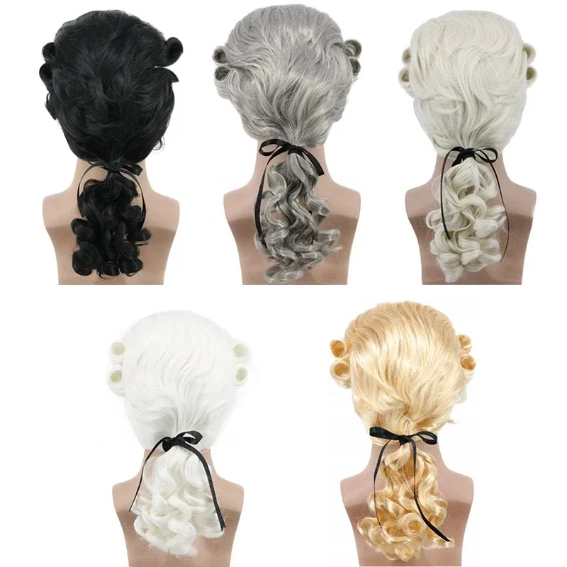 Perruque de cosplay synthétique longue et bouclée de luxe, style baroque, pour homme, avocat ou juge, grise, blanche et noire, pour Halloween 2026