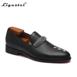 Ligustel Man Original Handmade Red Bottom Casual Shoes For Men Wedding Party Black Leather Loafers Shoes Male With Plus Size