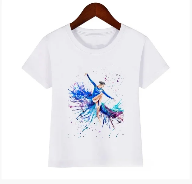 Watercolor Gymnast Ballerina Print Funny Children GYM  White T-Shirt Girls Dance Training Clothes Kids Tshirt Top