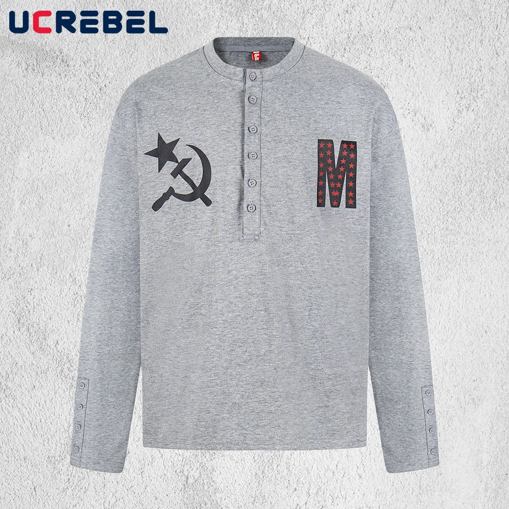 

Мужская футболка с воротником хенли и буквенным принтом, двусторонняя, с ретро-принтом, весенняя, в уличном стиле, свободного кроя, с длинным рукавом, хлопковая