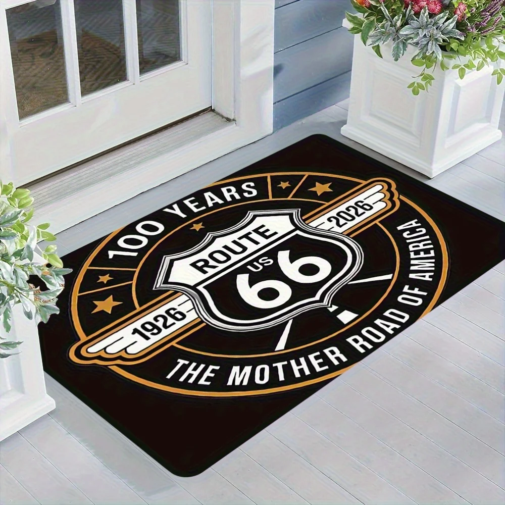 VIKAMA Route 66 100‑Anniversary Entrance Mat Vintage US Highway Logo Print Non‑slip Wear‑resistant Black Front‑door Floor Rug