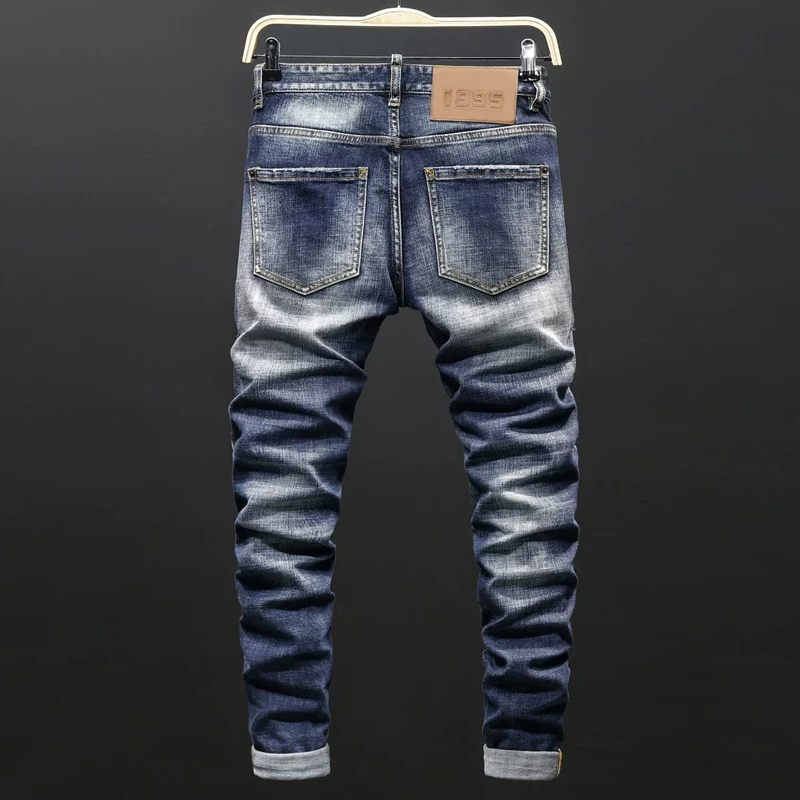 Men Blue Gradient Whisker Wash Multi‑Layer Frayed Ripped Stretch Skinny Denim Jeans Hip‑Hop Streetwear Denim Jeansy2k