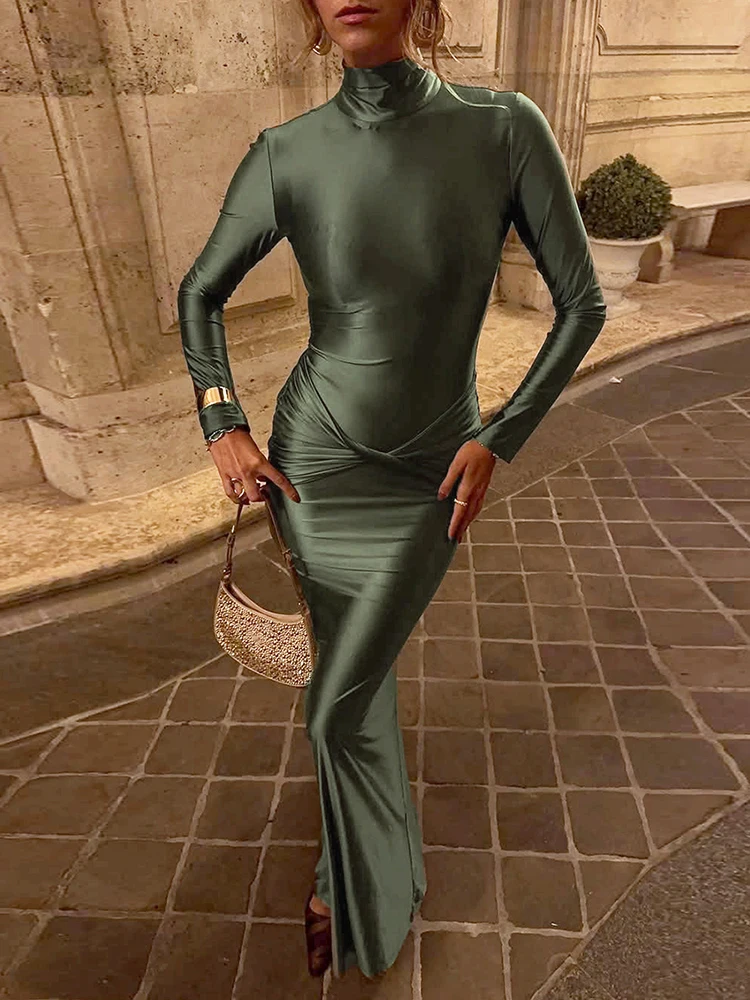 NibberTurtleneck Seide Satin Maxi Kleid Frau Volle Hülse Knick Taille Design Mitternacht Herbst Trend Prom Party Elegante Vestidos