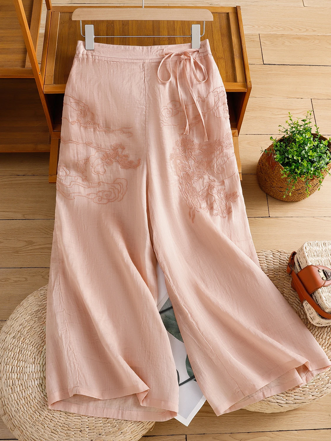 Pantalones de pierna ancha de lino ligeros y transpirables, pantalones informales finos de corte recto bordados para mujer de talla grande de verano