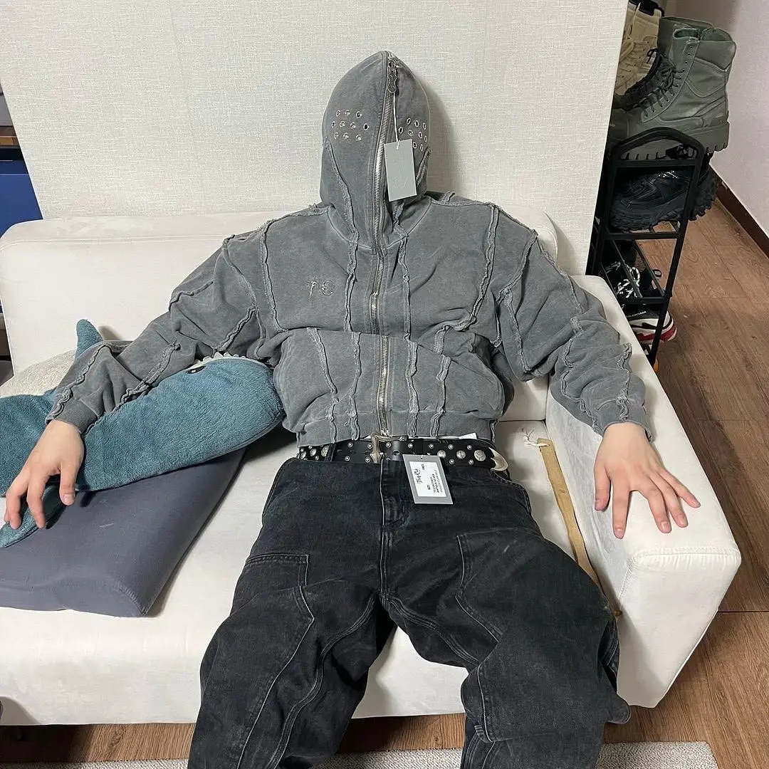 

Thug Club New Arrival Vintage Zipper Hoodie with Hooded Jacket Patchwork Washed Tie-Dye Hooded Sweatshirt