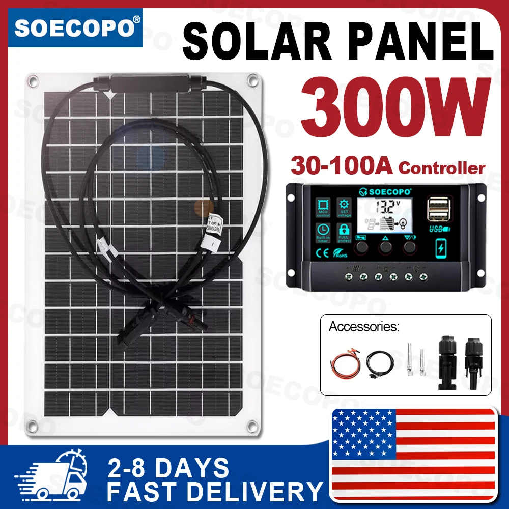 

Солнечная энергетическая система 1500 Вт, контроллер 12 В/100 А, USB-порты, водонепроницаемые для автофургона, автомобиля, лодки, морского уличного лагеря, аварийный аккумулятор