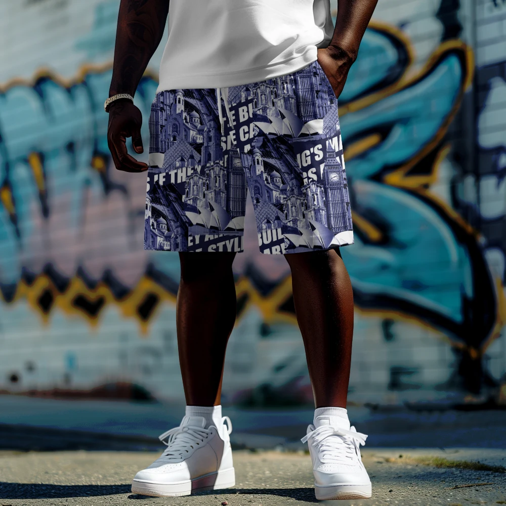 

Summer men Large shorts Hawaiian Clock Tower printed shorts Daily casual sports shorts pants