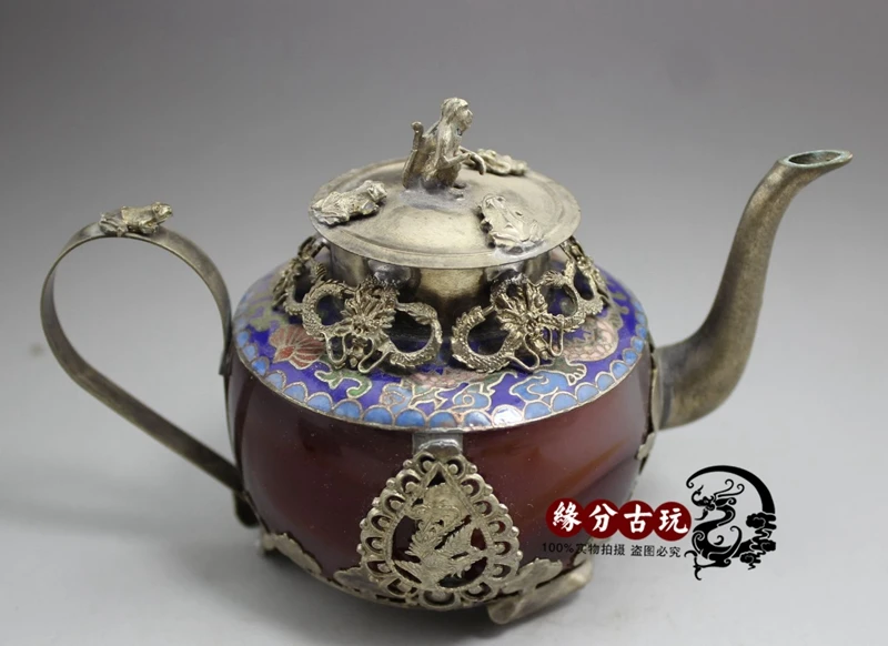 

Crafts Bogu frame ornament, collection of white copper turquoise Wenyin dragon and phoenix wine tea retro