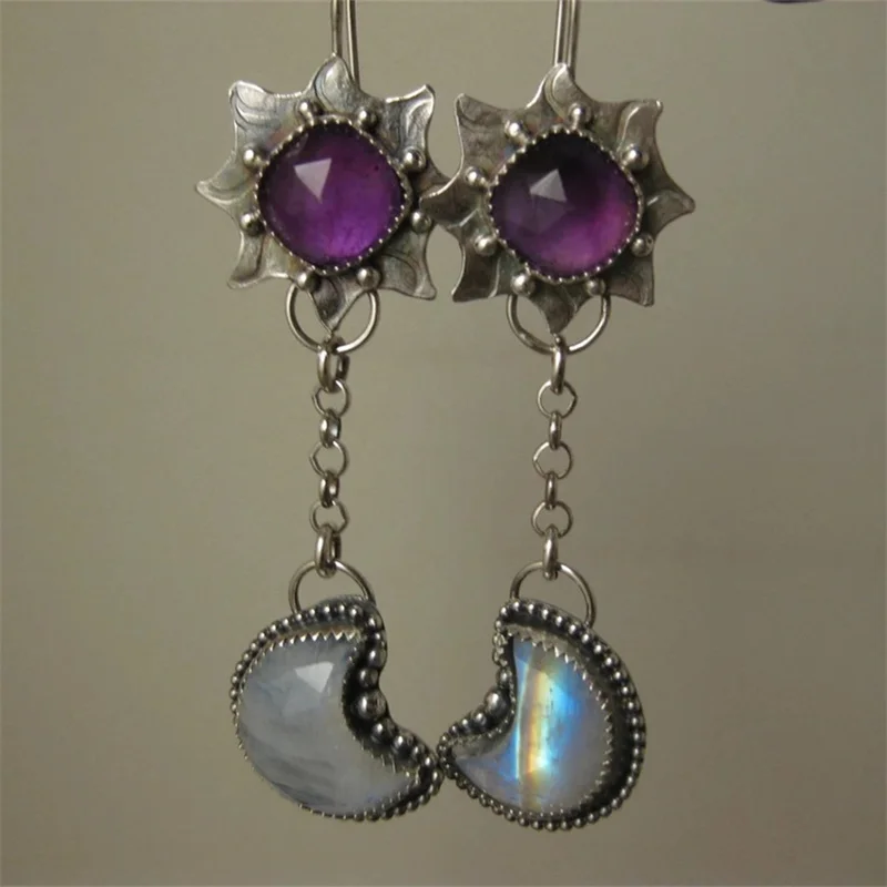 Vintage Round Purple Stone Flower Earrings Originality Silver Color Carving Moon Stickers Dangle Earrings for Women