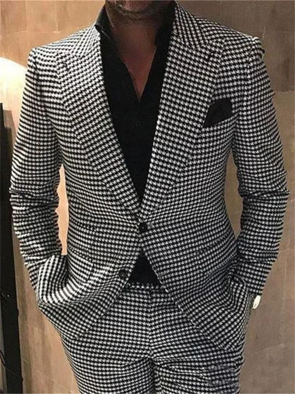 2 Piece Plaid Men Suits for Wedding Houndstooth Checkered Groom Tuxedos Male Fashion Clothes  Costumes Set Jacket with Pants