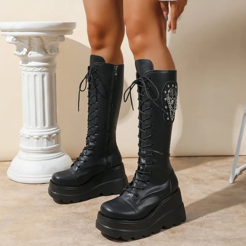 New Women's Boots 2026 Round Toe Wedge Lace Thick Sole Zipper Mid-Tube Boots Hot Girl Style High-Enhanced Shoes Large Size 36-43