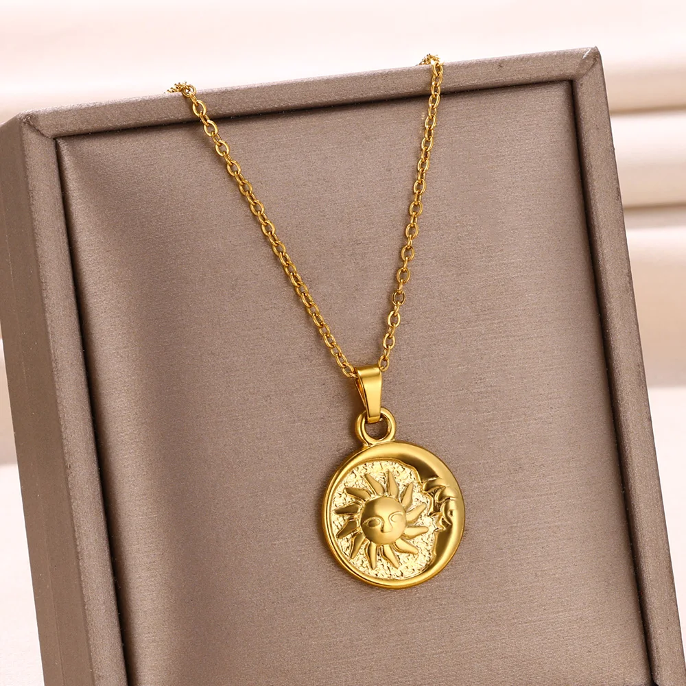 Stainless Steel Sun Moon Pendant Necklace For Women Gold Color Chain Aesthetic Charm Heart Round Star Jewelry Christmas Gift New