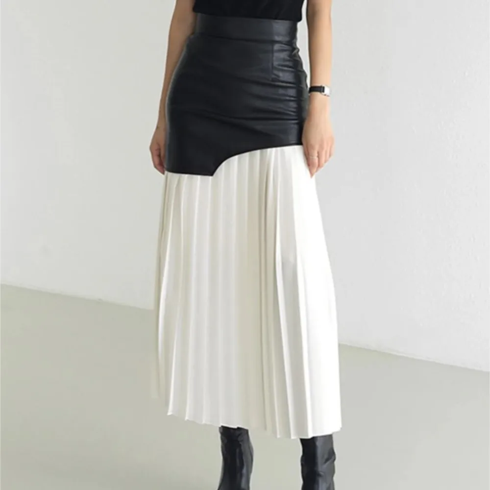 Fashionable Stitching Pleated Contrasting Color Skirt Women Elegant Spring Autumn New High-waisted Loose Long Skirt Ropa Mujer
