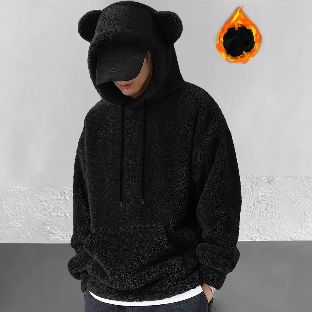 2024 Men\'s Autumn/Winter Top Solid Color Warm Coral Velvet Hoodie with Bear Ears Cute and Fun Coat Sweatshirt Men Clothing