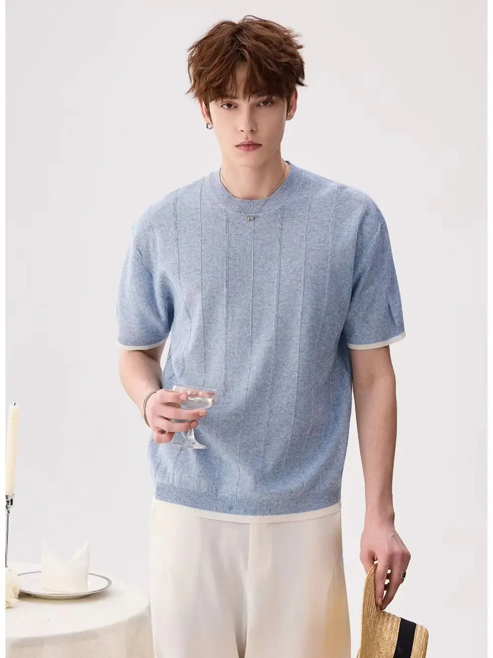 Vintage Short-Sleeve Knit T-Shirt Casual Soft Breathable Top Drapey T-Shirt Men Versatile Minimalist