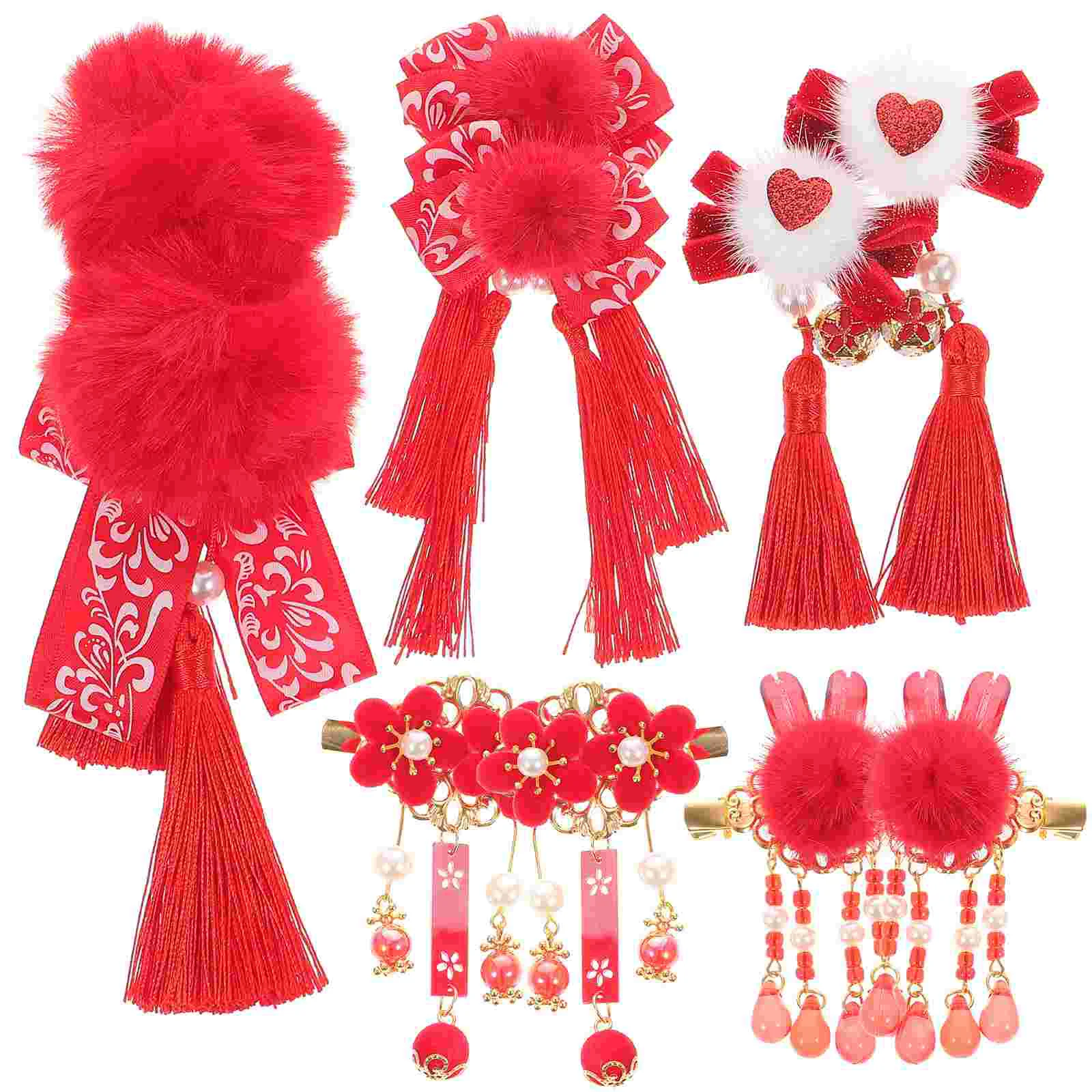 

5 Pairs Red Hairpin Chinese Kids Clip Girls New Year Barrettes Cheongsam Hairy Balls Alloy Baby